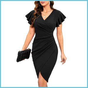Sexy V Neck Ruffle Sleeve Faux Wrap Ruched Bodycon Sheath Cocktail Dress
